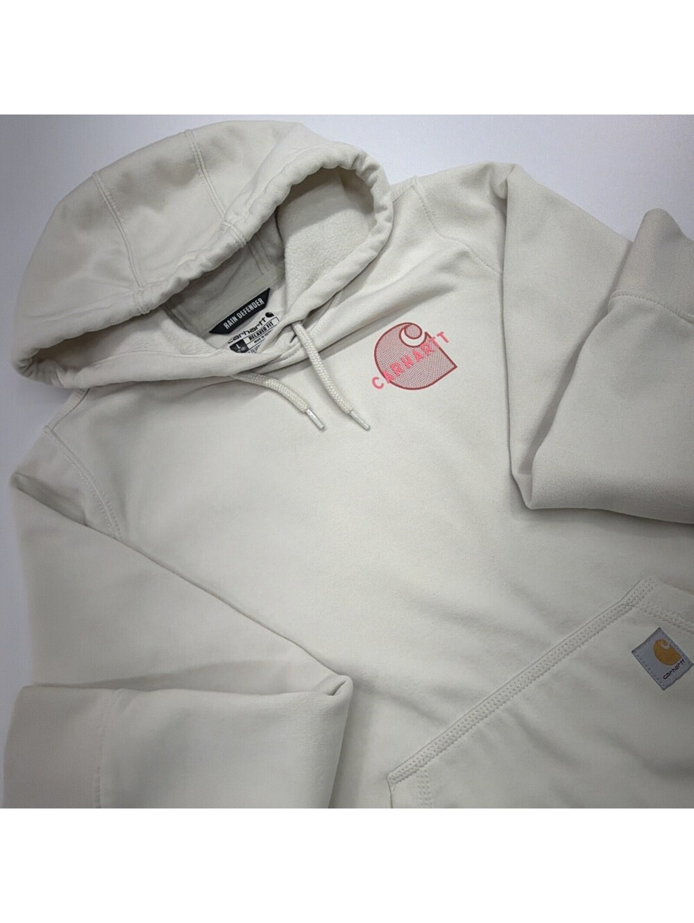 Carhartt Women's Rain Defender Relaxed Fit Hoodie Cream Logo Chest Graphic Large